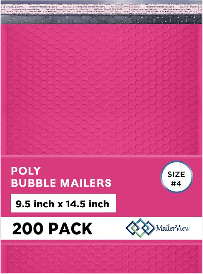 Hot Pink Bubble Mailers 9.5x14.5 Poly Padded Envelopes #4, 200 Pack | Fits Books & Magazines, Self-Seal Closure, Cushioned Protection, Water-Resistant Poly, Bulk Pack