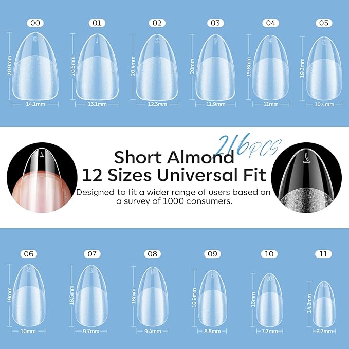modelones X Nail Gel Kit Kit Short Almond, Solid Nail Glue Gel with Portable U V Lamp 216Pcs 12Sizes Pre-Etched Press ons Fake Acrylic Extension Kit DIY Salon Gift for Women