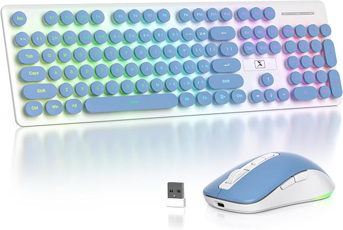 Backlit Wireless Keyboard and Mouse, 2.4GHz Light Up Typewriter Rechargeable Cordless Quiet Keyboard with USB Receiver for PC/Laptop (Blue)