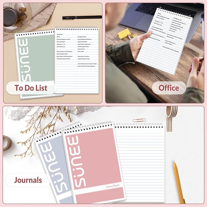 SUNEE Steno Pads 6x9 10 Pack, Gregg Rule, 60 Sheets, White Paper, Take Notes with Top Spiral Notebook, for School, University, College, Work, Office, Classic Color