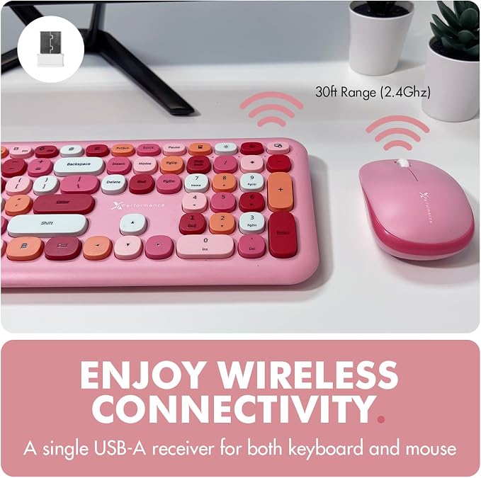 X9 Pink Keyboard and Mouse Wireless Combo - Retro Typewriter Keyboard and Mouse with Aesthetic Bubble Keys - Colorful Keyboard and Mouse Wireless for PC, Laptop, Windows, Chrome