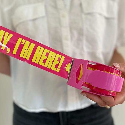 Decorative Packing Tape with Pink Dispenser – Yay I’m Here! Pink & Yellow, 1.88" x 22.2 Yards – Cute Printed Shipping Tape for Gifts, Small Business Essentials, and Mailers
