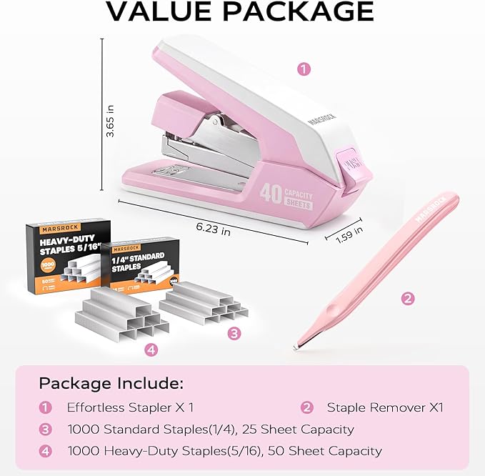 Marsrock Heavy Duty Stapler for Desk with 40-50 Sheet, 2000 Staples, Pink | Classroom Stapler, Teacher Stapler, Office Stapler, Ergonomic & Easy to Load Desktop Stapler, Magnetic Staple Remover