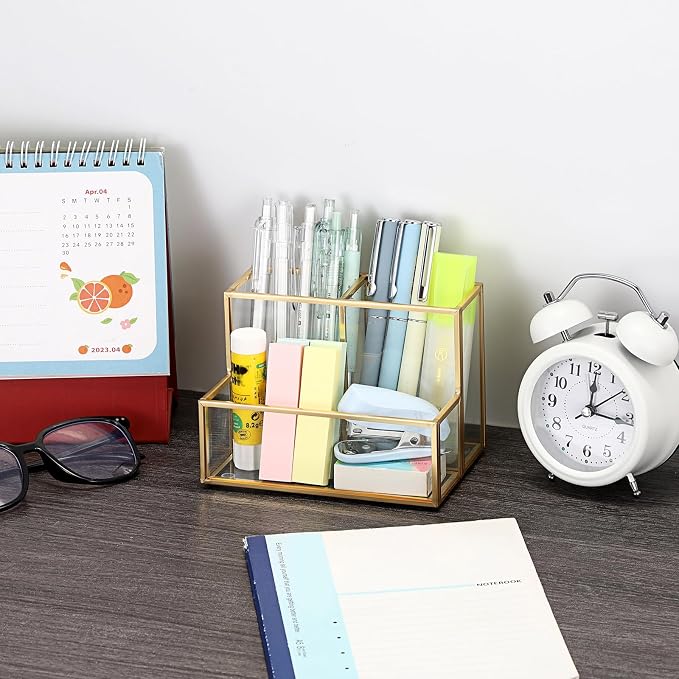 BTSKY 1 Pack Golden Glass Pen Holder for Desk, Clear Pencil Cup with 3 Compartments, Metal Pen Cup Makeup Brushes Holder, Desktop Pens Pot Container, Stationery Cosmetic Caddy Storage for Office Home
