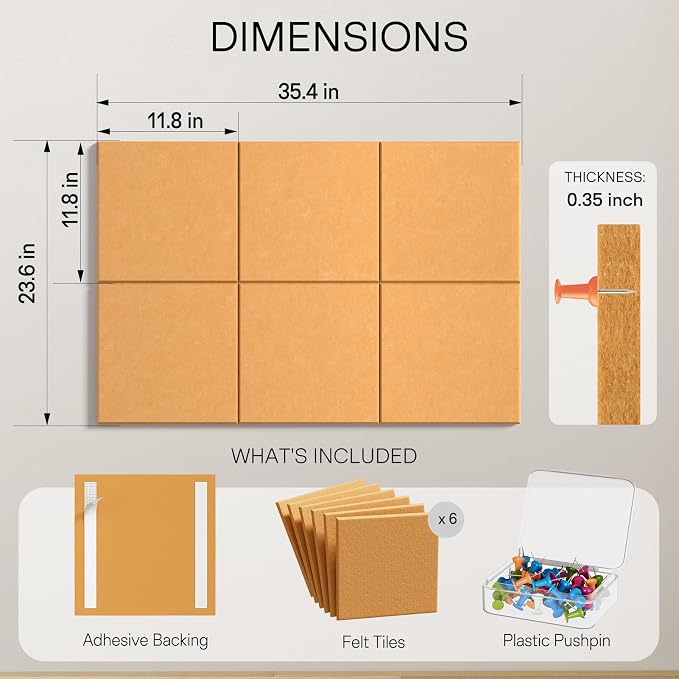 MaxGear Felt Bulletin Board 36" x 24", Mustard Yellow 6 Pack Felt Wall Tile | Cork Board For Walls Alternative, 6 Pack 11.8" x 11.8" Wall Panels, Pin Board Custom Layout Design, Office Decor Home Decor