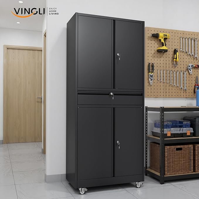 VINGLI Metal Storage Cabinet with 4 Doors and Drawer, 71" Tall Steel Lockable File Cabinet, Garage Storage Cabinet with Wheels and Locks (Black)