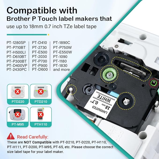 TZe-241 TZe-2412PK TZe TZ Tape 18mm 0.7 Laminated White | Compatible with Brother P Touch Label Maker Tape 18mm .7 TZe241 for Brother PT-D400 PT-D410 PT-D600 D610BT PTD460BT, 3/4 Inch