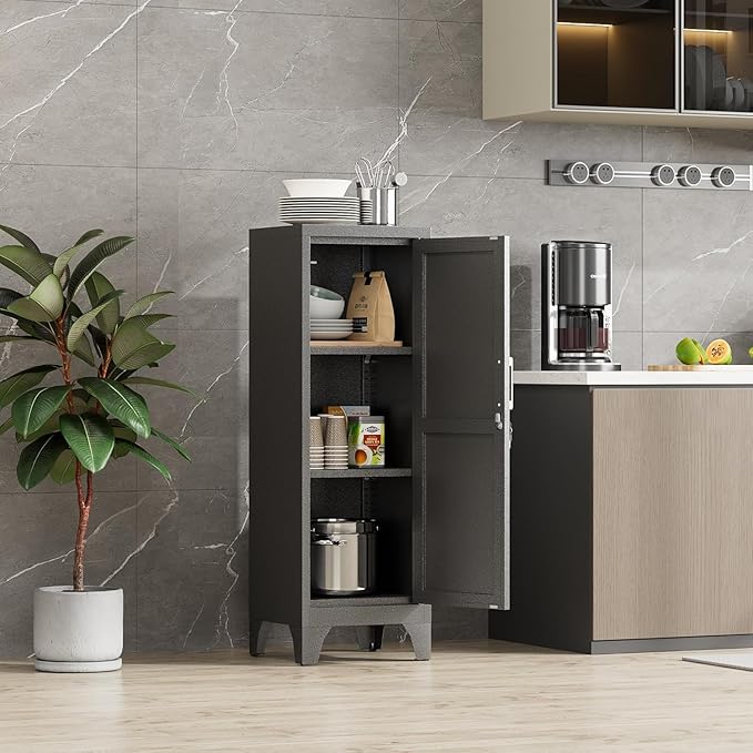 46"H Black Metal Locker Set of 2,Small Locking Cabinet with 1 Door and 2 Adjustable Shelves For Employees,3 Tier Small Storage Cabinet with Detachable Legs for Kitchen, Office,School,Gym,Easy Assembly