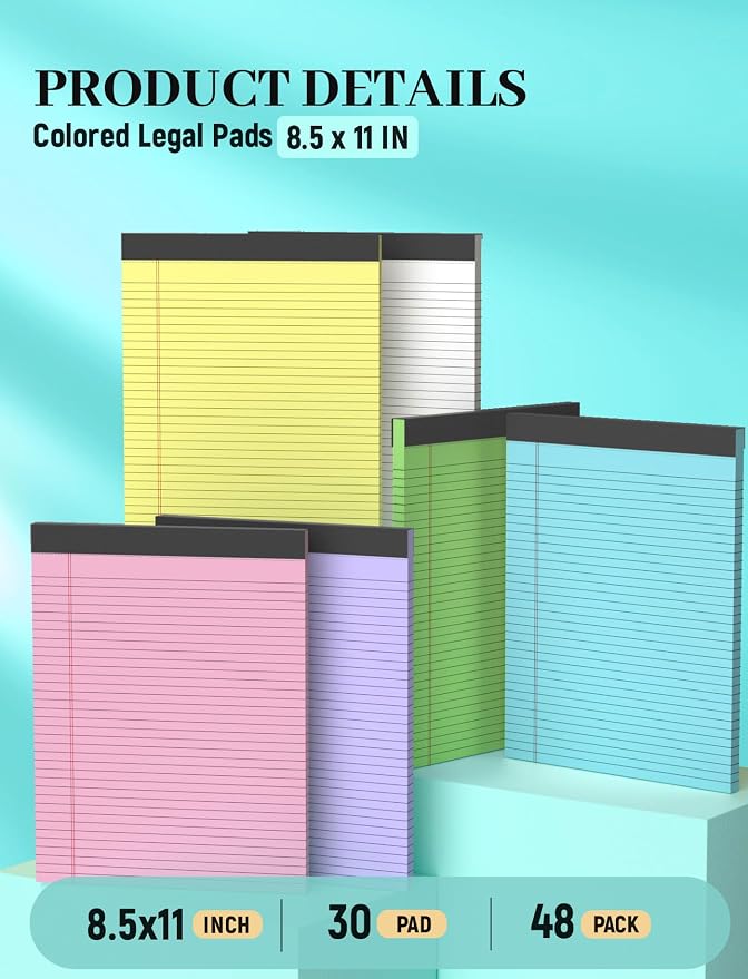 48 Pack Colored Legal Pads, Yellow Legal Pads 8.5 x 11 Note Pads Wide Ruled | Wide Ruled, Notepads 8.5x11 with Sturdy Back, Perforated Writing Paper Pads, Colored Lined Pads for Office, School, Home