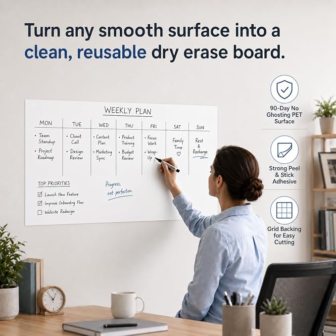 Dry Erase Paper for Wall 48" x 24", Self Adhesive White Board Wallpaper Peel and Stick, No Ghosting Whiteboard Contact Paper for Home Office Classroom