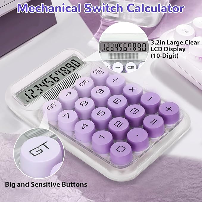 Cute Calculator, Mechanical Switch Calculator,Calculators Desktop 10 Digits,Desk Calculators with Big Buttons and LCD Display,Battery Power, Ideal for School Home Office Basic Purple