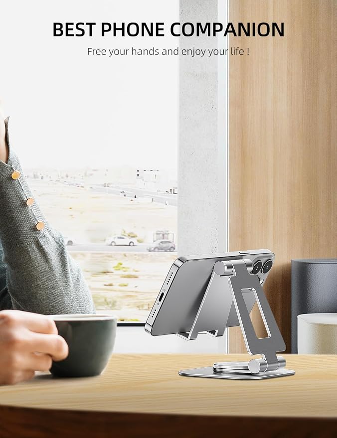 Nulaxy 360° Rotating Multi-Angle Adjustable Phone Stand, Silver | Portrait and Landscape Viewing, Foldable Design, Thick Case Friendly, Compatible with All Phones and Nintendo Switch