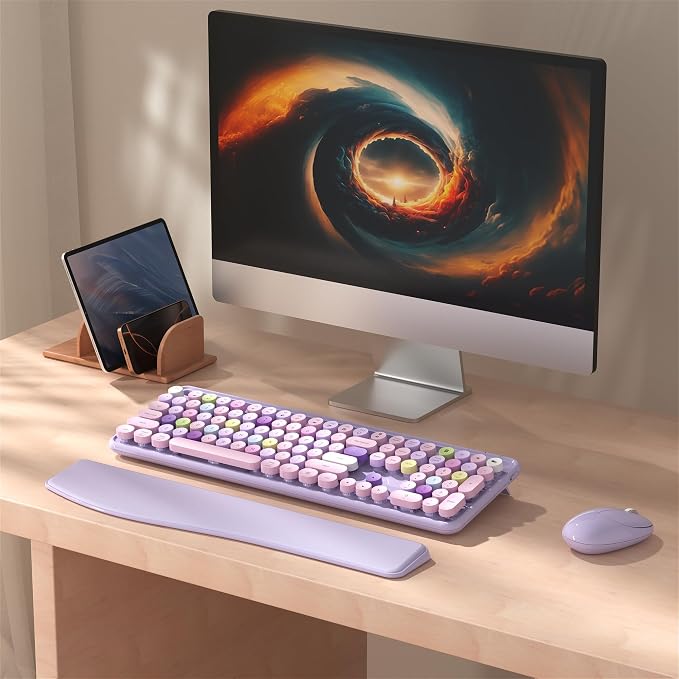 Wireless Keyboard and Mouse Combo with Phone Holder (Purple) | MPTOG Colorful Typewriter Keys with Wrist Rest, , 2.4GHz Wireless, Full-Sized Optical Mouse for PC and Laptop
