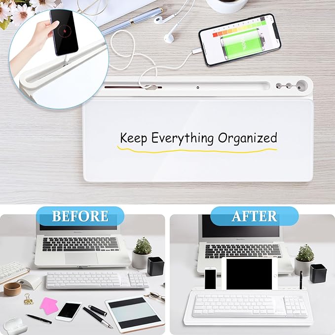 DOLLAR BOSS Glass Desk Whiteboard Small Dry Erase Board, White | Desktop White Board with Storage Drawer, Computer Keyboard Stand, Desk Organizer, Office Supplies, With Markers, Eraser