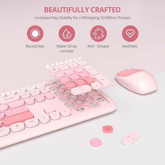 Surmen Cute Pink Keyboard and Mouse Wireless Silent, Full-Size Retro Typewriter Wireless Quiet Slim Keyboard Low-Noise 2.4GHz for Computer, Desktop, Laptop(6-Diary Pink)