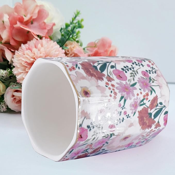 Large Capacity Colored Pen Holder for Desk, Ceramic Pencil Holder Pen Cup Marker Holder Floral Makeup Brush Holders, Desk Accessories & Workspace Organizers for Home, School & Office(Pink White)
