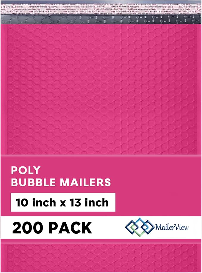 Hot Pink Bubble Mailers 10x13, Self Seal Poly Padded Envelopes, 200 Pack | Fits Books & Magazines, No Tape Needed, Cushioned Protection, Water-Resistant Poly, Bulk Pack for Small Business