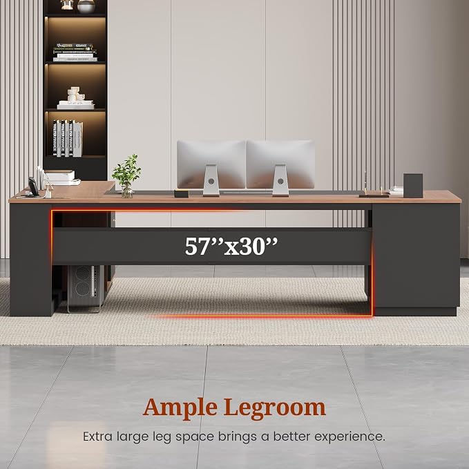 78.7" L Shaped Executive Desk with Lateral File Cabinet, Extra Large Office Desk with Drawers & Power Outlets, Modern Corner Computer Desk with Storage Shelves, Business Furniture, Walnut