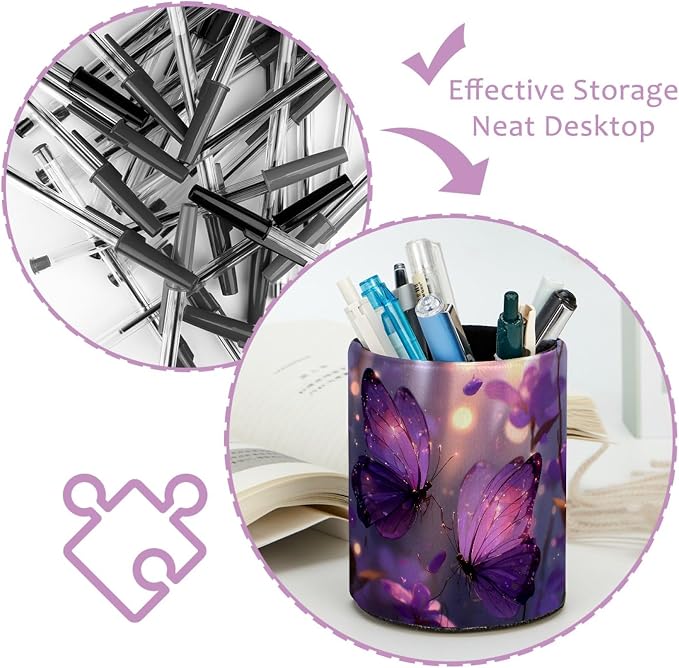 Leather Pen Holder for Desk, Purple Butterfly Pencil Cup Pen Organizer Makeup Brush Holder for Office Home Kids Countertop Desk Accessory Storage