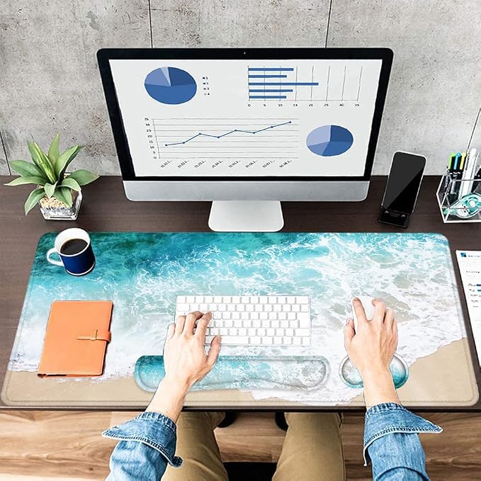 Large Mouse Pad with Wrist Rest, 4-in-1 Wrist Rest for Keyboard and Mouse | Non-Slip Waterproof Desk Mat Set, 35.4"x15.7" Desk Mat+Keyboard Wrist Rest+Mouse Wrist Support+Cup Coaster for Home Office