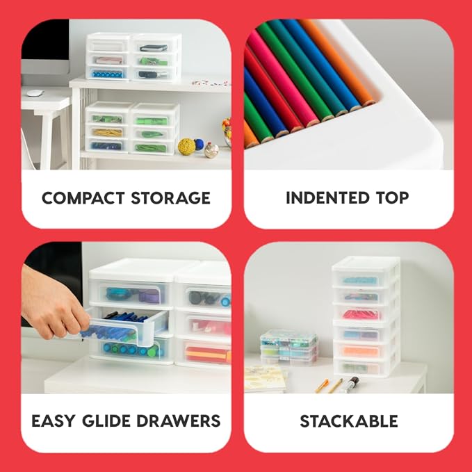 IRIS USA 2-Pack, 3-Drawer Small Plastic Stacking Desktop Organizer, White | Keep dorm desks tidy with drawers for school supplies, makeup, chargers, snacks and everyday college essentials