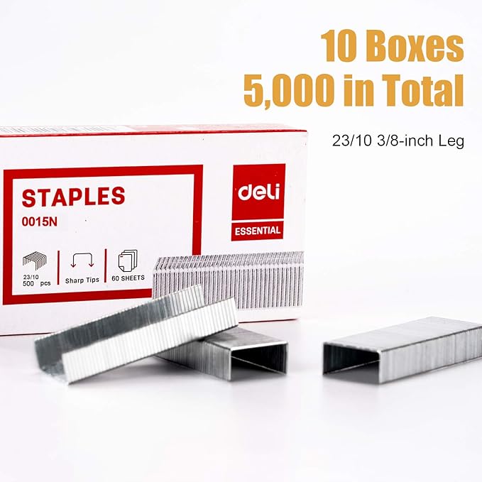 Deli 5,000 Staples - Fits 60 Sheet Capacity Stapler, 3/8" Leg Length, 70 Sheet Capacity, 23/10, Jam Free Sharp Chisel Point Design - 10 Boxes of 500