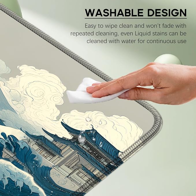 Kanagawa Wave Surfing Mouse Pad, Large Great Mount Fuji 31.5"x11.8" | Japanese Sea Anime Desk Mat, Sewn Edges, Microwoven Fabric,Easy to Clean, Suitable for Laptop Gaming