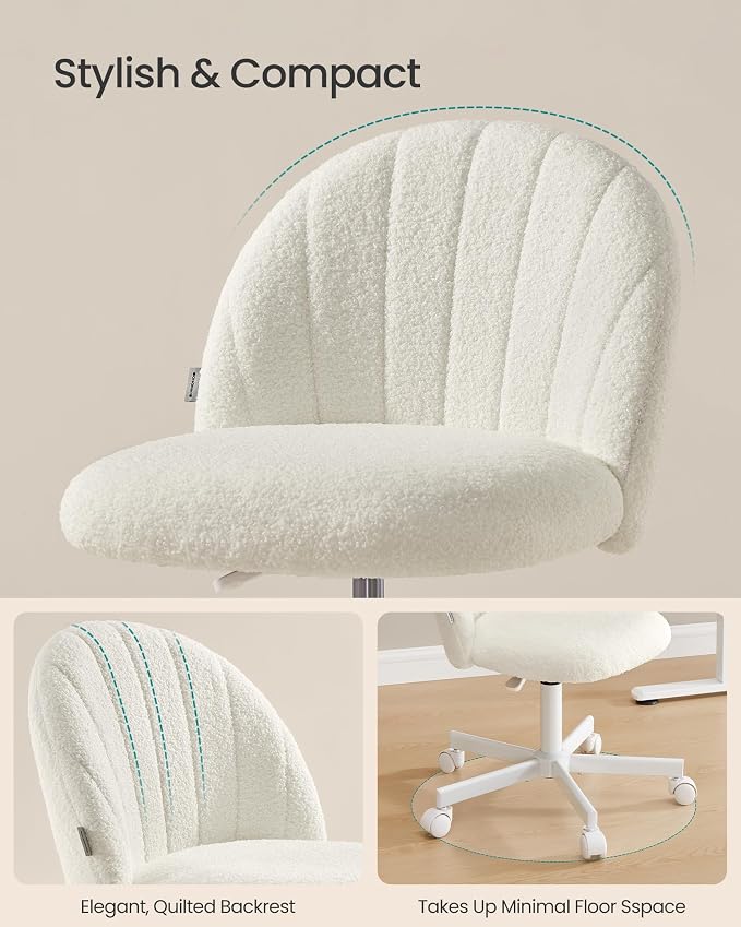SONGMICS Office Chair, Swivel Makeup Vanity Desk Chair, Height Adjustable, Foam Padded, for Home Office, Bedroom, Dressing Room, Teddy Fleece, Cloud White UOBG027WD01