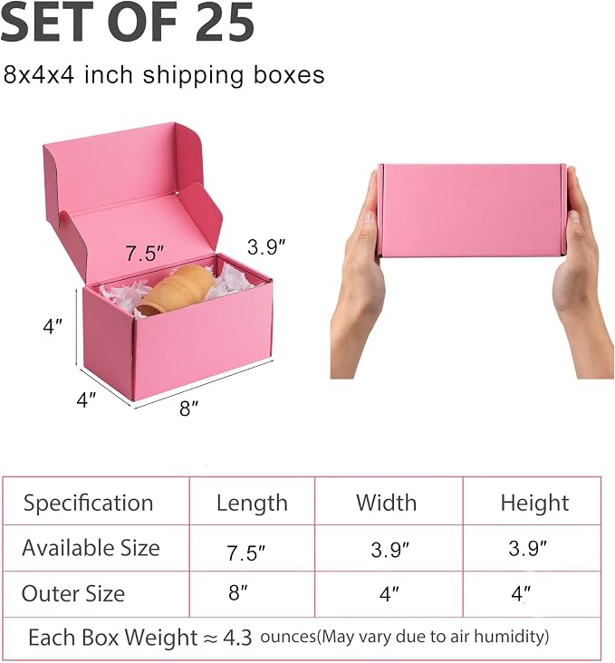 8x4x4 inch Pink Shipping Boxes for Small Business- Set of 25 | Sturdy ECT 32 Corrugated Cardboard Mailer Boxes, Easy Assemble for Packaging, Mailing, Gift
