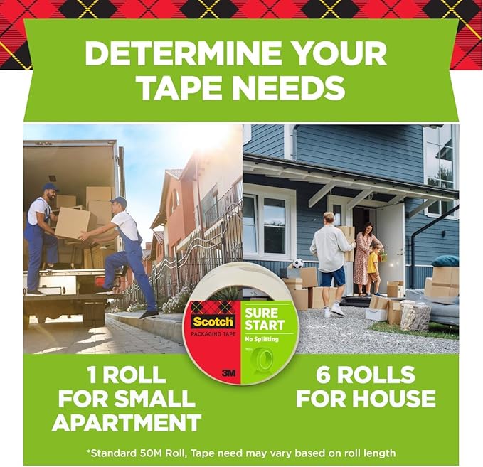 Scotch Sure Start Packing Tape, Clear, Quiet Unwind and Easy Start, 1.88 in. x 54.6 yd., 8 Tape Rolls