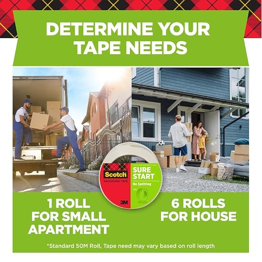 Scotch Sure Start Shipping Packaging Tape, 1.88" x 54.6 yd, Designed for Packing, Shipping and Mailing, Quiet Unwind, No Splitting or Tearing, 3" Core, Clear (345),1 Roll (Pack of 12)
