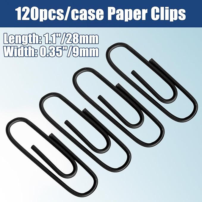 Luomorgo 120 Pcs Black Paper Clips - 1.1 Inch (28mm) Vinyl Coated Metal Paperclips for Office, School, Home, Bookmark & Document Organizer