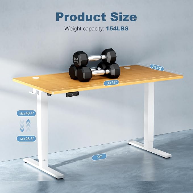 DUMOS 40 Inch Electric Standing Desk, Memory Adjustable Home Office Desk | Sit Stand Up Desk for Work Home Office,Adjustable Desk, Rising Computer Table with Splice Board,Cable Management,Hook,Oak