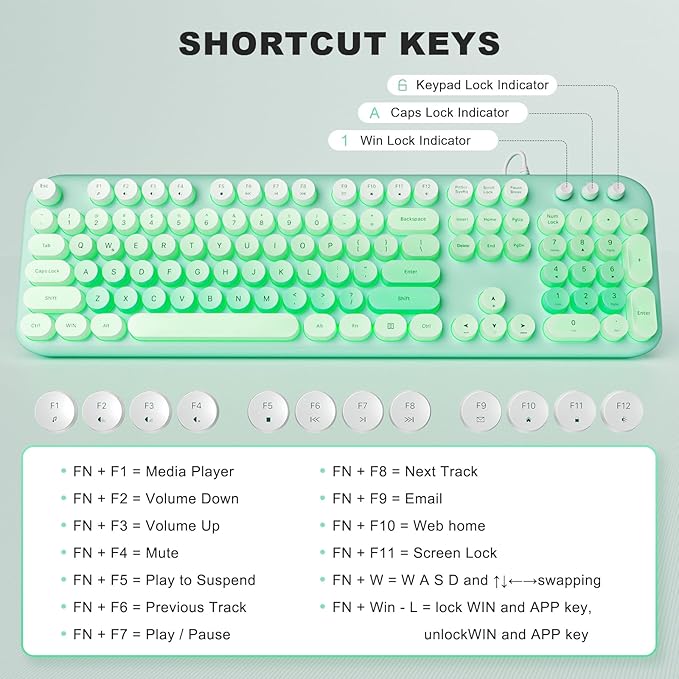Computer Keyboard Wired, Plug and Play USB Retro Round Typewriter Keyboard, Full Size Wired Keyboard with Foldable Stands for Laptop and Office PC