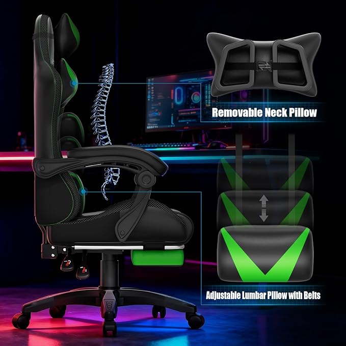Gaming Chair, RGB LED Lights Computer Chair with Footrest, Lumbar Support Massager Gamer Chair, High Back, 90-135° Reclining, Linkage Armrests, Green
