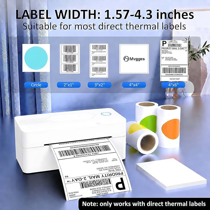 Mvgges Bluetooth Thermal Shipping Label Printer, 4x6, White | Wireless, For Small Business, Compatible with Android, iPhone, Windows & Mac