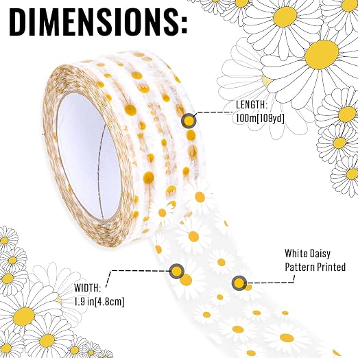 Whaline 109 Yard Groovy Daisy Packing Tape White Boho Flower Pattern Tape Waterproof Floral Shipping Tapes for Small Business DIY Crafts Box Carton Decor