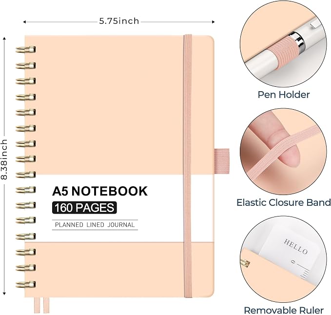 AHGXG Spiral Journal Notebook, 160 Lined Pages, A5 Size (5.7'' x 8.3'') | for Men & Women, Journaling, Writing, Work & Office, Hardcover, 100 GSM Thick Paper (Pink)