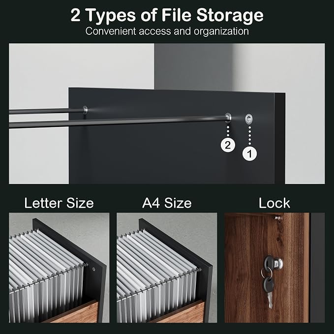2 Drawer Lateral File Cabinet with Lock for Home Office | Filing Cabinet for A4 / Letter Documents, 31.5"W * 19.5"D * 29.5"H, Credenza w/ Built-in Power Outlet, Printer Stand