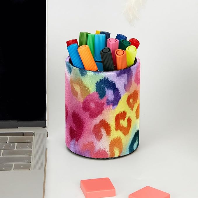 Leather Pen Holder for Desk, Colorful Leopard Print Pencil Cup Pen Organizer Makeup Brush Holder for Office Home Kids Countertop Desk Accessory Storage