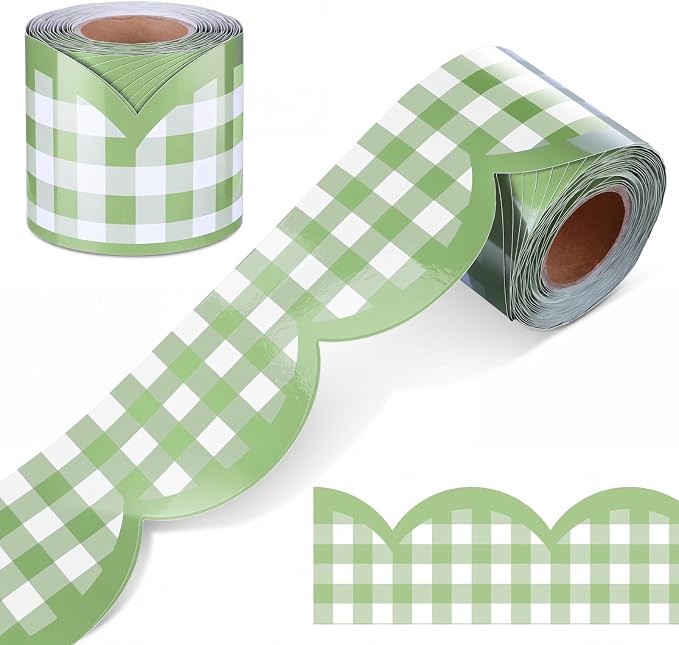 Zonon 65ft Sage Green Gingham Bulletin Board Border Scalloped 3 Inches | Scalloped Edge Trim for Classroom Walls, Whiteboards, Desks, Windows, Doors, Lockers, Back to School Decoration Supplies