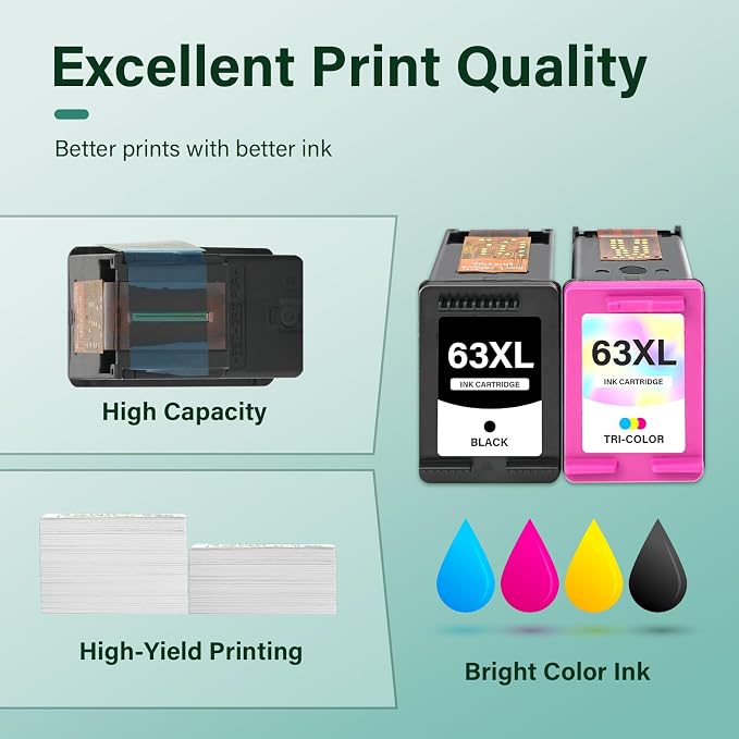 63 63XL 4520 3830 Ink Cartridges for HP Printers Black and Color Combo Pack | Replacement for HP63XLBlack 63 XL for HP Envy 4520 OfficeJet 3830 4650 5255 5258 5220 4655 DeskJet 1112 3630 Printer 2-Pack