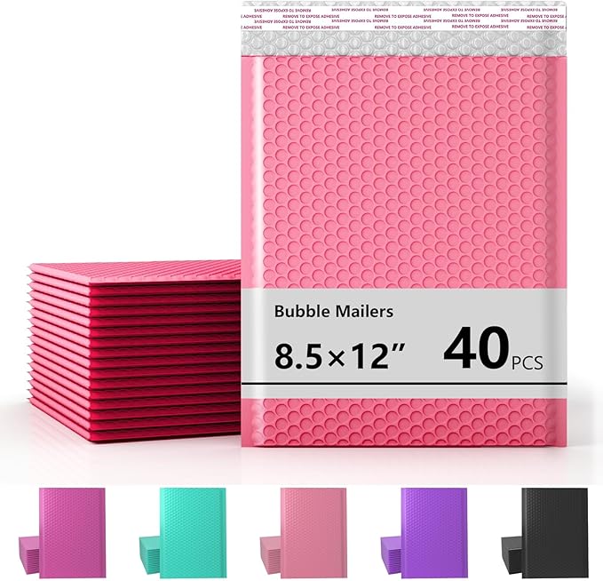8.5 x 11 Inch Bubble Mailer 40 Pack, Waterproof Padded Envelopes with Strong Self-Seal Adhesive, Cushioning Shipping Bags with Bright Color for Small Business - Pink