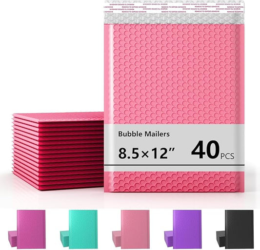 8.5 x 11 Inch Bubble Mailer 40 Pack, Waterproof Padded Envelopes with Strong Self-Seal Adhesive, Cushioning Shipping Bags with Bright Color for Small Business - Pink