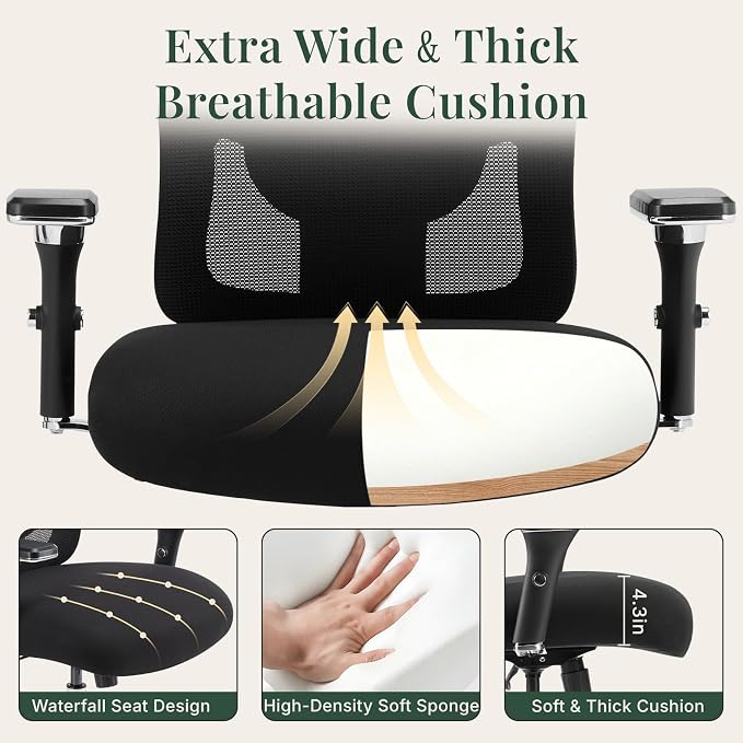 DUMOS Big and Tall Office Desk Chair, Ergonomic Mesh Computer Chair | Comfortable Lumbar Support, 4D Armrest, 500lbs Heavy Duty, Wide Seat, 360° Swivel Rolling Wheels, Adult, Ink