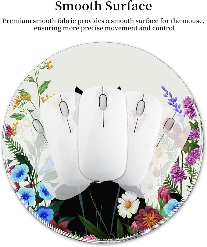 Hancynir Black Cat Floral Round Mouse Pad, Small Mousepad for Office Desk | Mouse Mat for Computer, Non-Slip Rubber Base, Office Desk Decor, Gifts for Work Coworker Teacher, 8.6 Inch, Stitched Edges