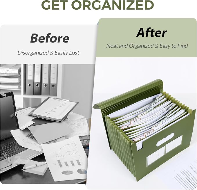 SKYDUE Accordion File Organizer, Expanding File Folder with 13 Pockets, Portable Document Paper Bill Receipt Organizer, Home School Office Supplies, Letter A4 Size OliveGreen