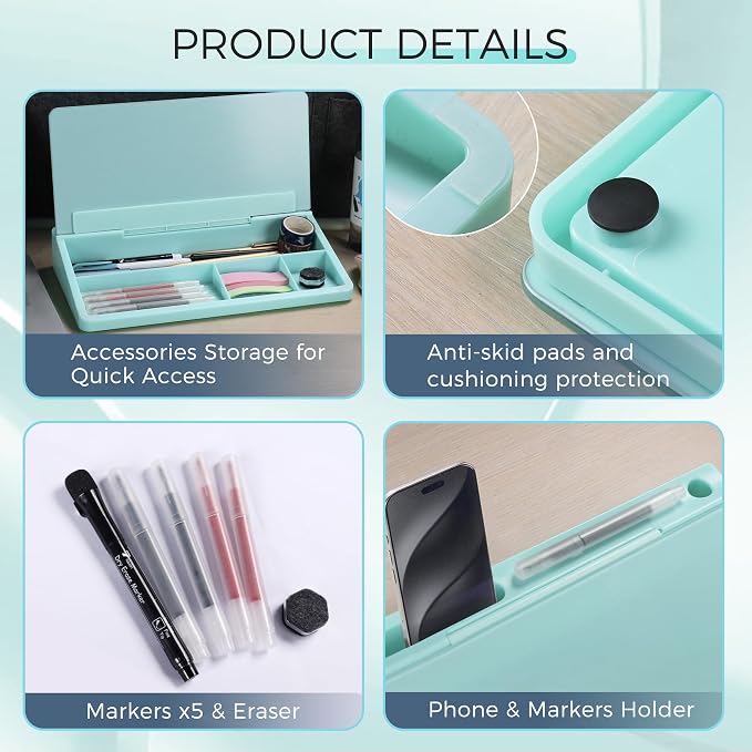TOWON Compact Glass Desktop Whiteboard with Storage 12x7 in, Teal Blue | Aesthetic dry erase surface, 5 markers, eraser and holder included, for the office, home or school desk