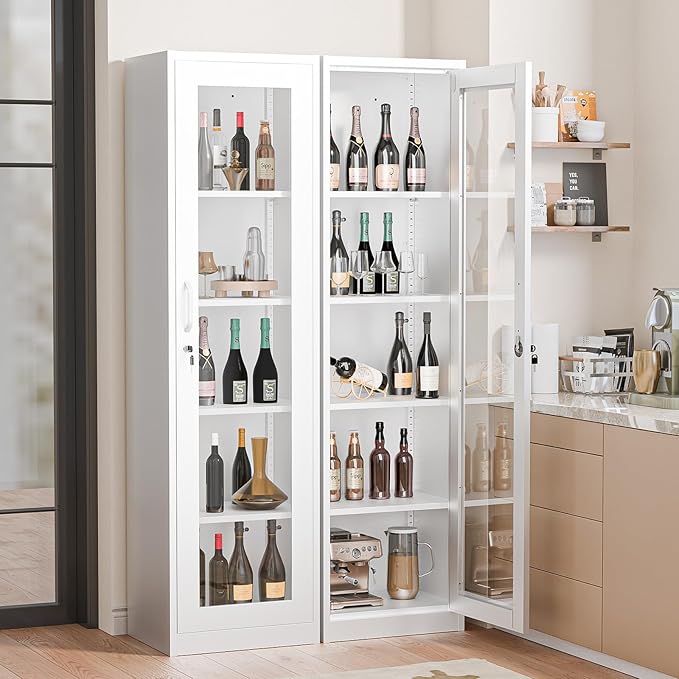 VINGLI Lockable Display Cabinet with Glass Door & 4 Adjustable Shelves, 65" Tall Metal Storage Cabinet Curio Liquor, Bookshelf Bookcase for Home Office Living Room Pantry Garage (White)