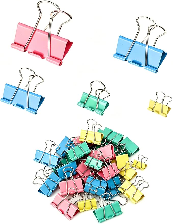 100 Pcs Colorful Binder Clips,Assorted Sizes Metal Paper Clips,Backt to School Teacher Supplies,Strong-Binder Clamps for Office Home School Business Document Organizing